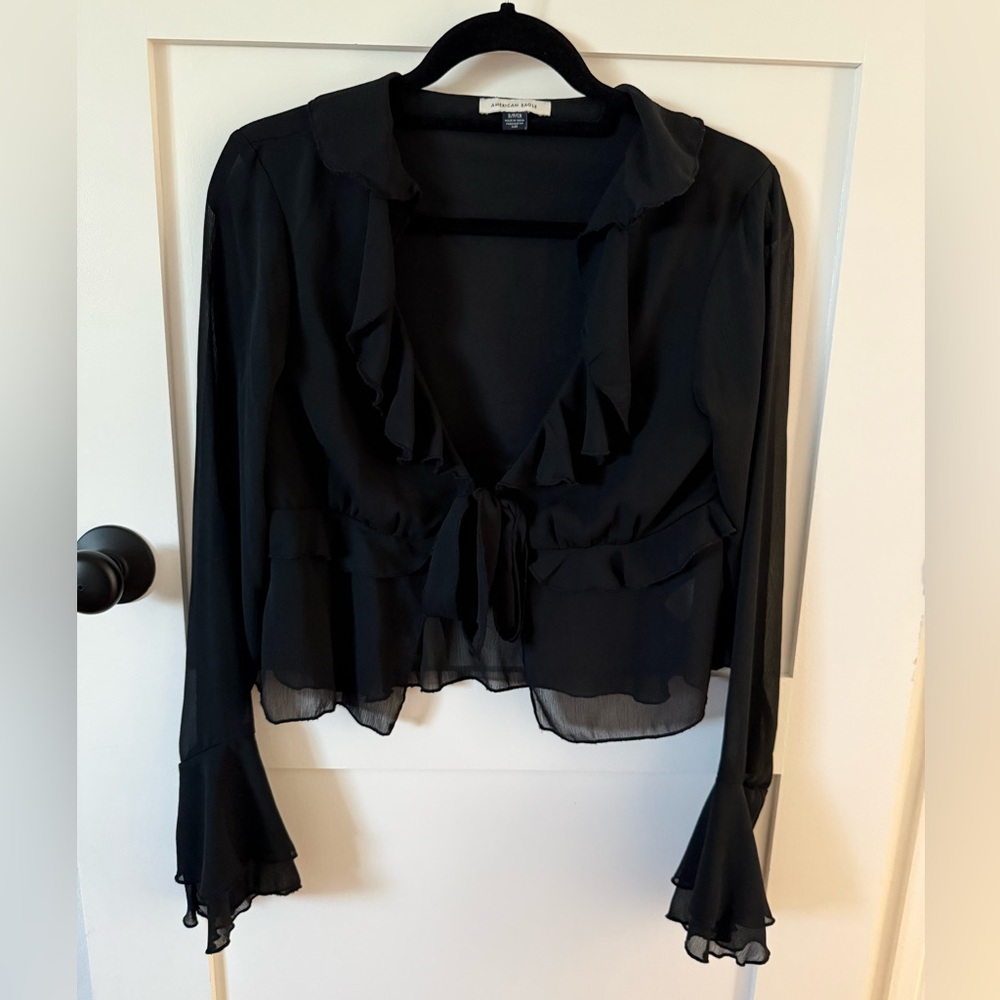 American Eagle Elegant Black Ruffled Cropped Top
